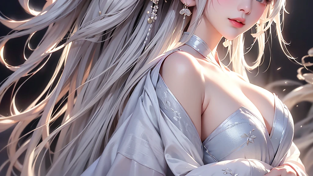 super high quality, masterpiece, Perfect illustration, Very detailed (Exquisite light and shadow, Very dramatic photo,Backlight) , ((Gray Hair:1.5))1 Girl,(( alone:1.6)), (Wearing Han clothes, Black and white Hanfu,Monotony,Long sleeve) (White smoke:1.3) (Realistic:1.4), Official Art, unity 8k wallpaper, Very detailed, Beautiful and beautiful, masterpiece, Highest quality, (Dynamic Angle: 1.4), Glowing Skin, (Floating colorful flashes: 1) The most beautiful chaotic shapes, elegant, Brutalist Design, Bright colors, Romantic Depth of Field Exotic_dance, half_naked、Expose your shoulders、Ample breasts、Great cleavage、