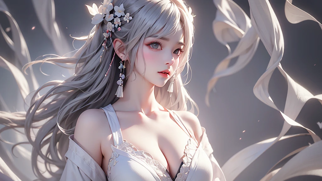 super high quality, masterpiece, Perfect illustration, Very detailed (Exquisite light and shadow, Very dramatic photo,Backlight) , ((Gray Hair:1.5))1 Girl,(( alone:1.6)), (Wearing Han clothes, Black and white Hanfu,Monotony,Long sleeve)  (White smoke:1.3) (Realistic:1.4), Official Art, unity 8k wallpaper, Very detailed, Beautiful and beautiful, masterpiece, Highest quality, (Dynamic Angle: 1.4), Glowing Skin, (Floating colorful flashes: 1) The most beautiful chaotic shapes, elegant, Brutalist Design, Bright colors, Romantic Depth of Field Exotic_dance, half_naked、Expose your shoulders、Ample breasts、Great cleavage、
