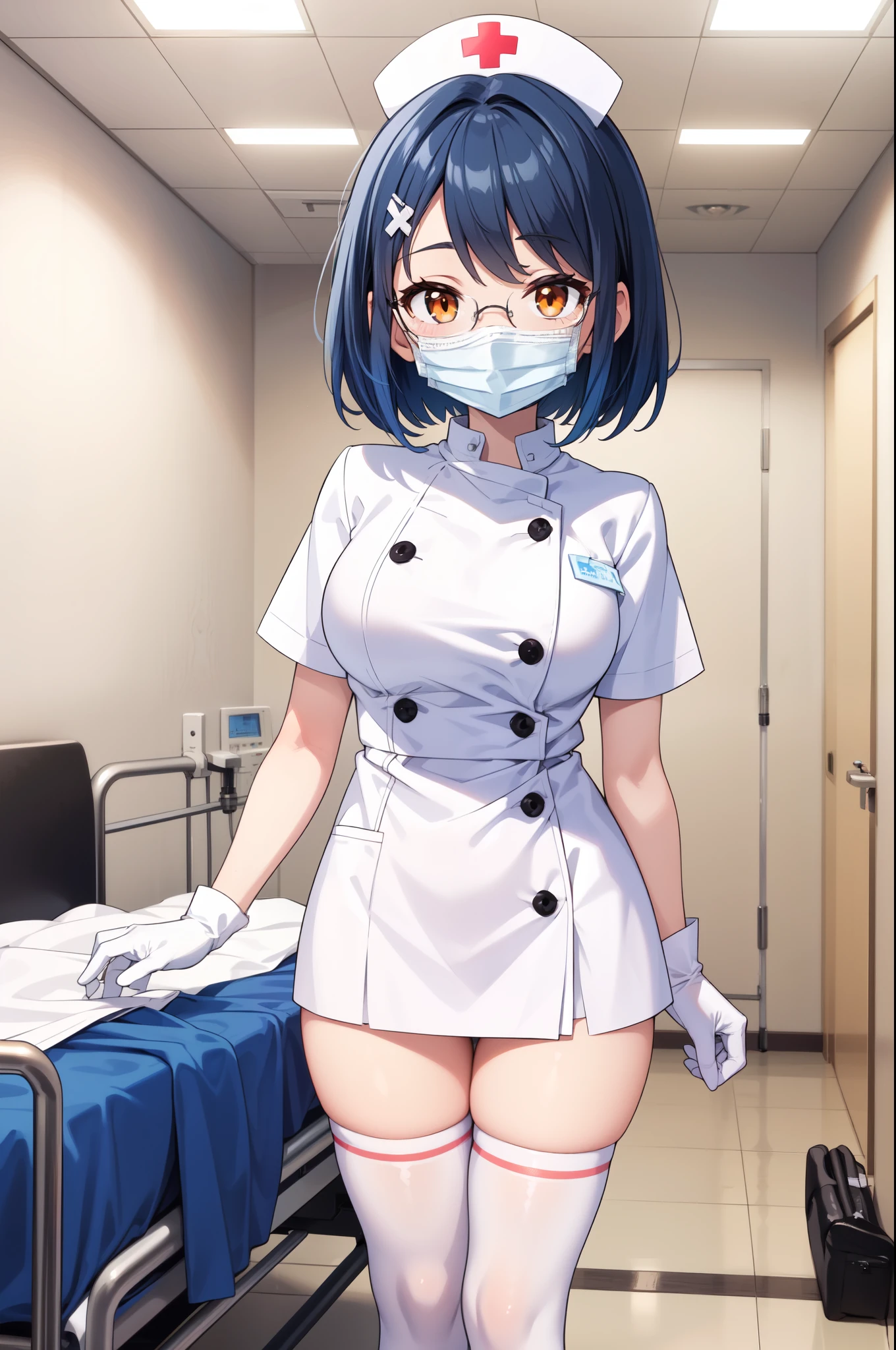 1woman, solo, nurse, white nurse cap, white nurse uniform, ((white legwear, zettai ryouiki)), white gloves, glasses, blue hair, orange eyes, ((white surgical mask, covered nose)), standing, ((hospital room)), sharp outline, short sleeves, mature female, 35 years old, best quality, masterpiece