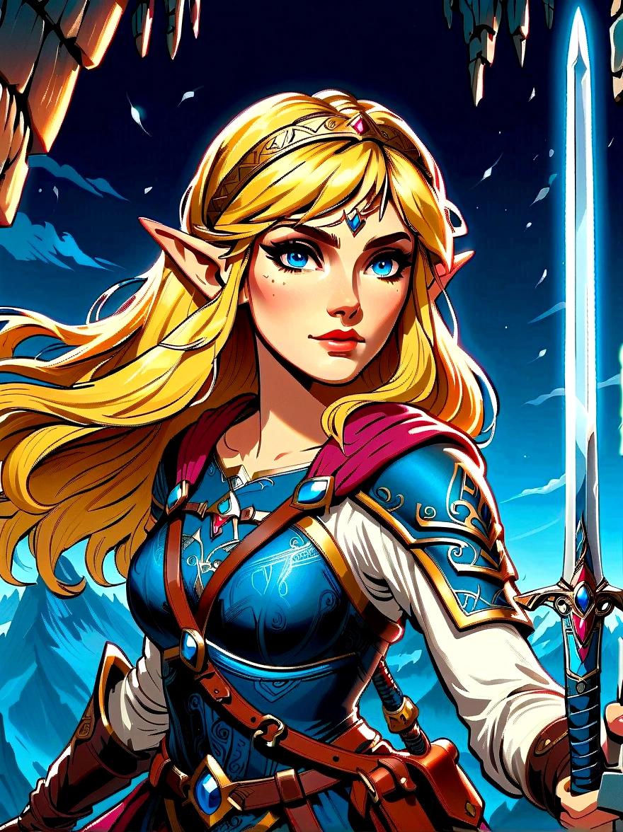 (best quality，8K，Ultra-high resolution，masterpiece)，very good，illustration，Princess Zelda，blonde，Blue Eyes，Holding a long sword，Mountaineering