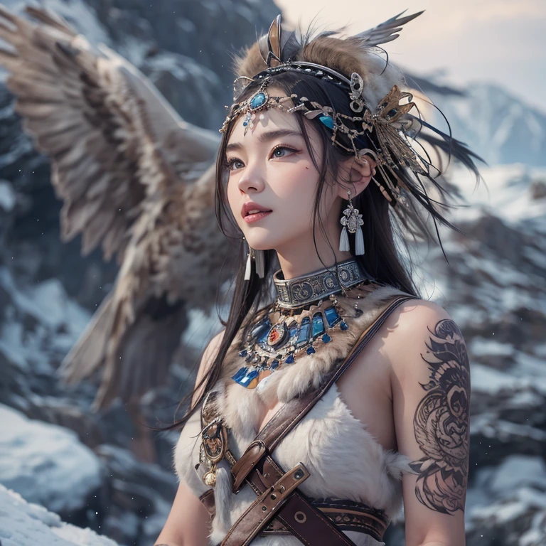 Hiding in the snowy mountains、Hair flow、 ((Highest quality、masterpiece、8K、Best image quality、Ultra-high resolution、Award-winning works)、(Accurate anatomy:1.1)、(Look at me and smile:1.1)、Shining fair skin with Ultra-high resolution、The most detailed face、Ultra-high resolution detailed face、Ultra-high resolutionの髪の毛、(Ultra-high resolutionの煌めく瞳:1.1)、Beautiful face drawn in every detail、(Blurred Background:1.1)、Ancient Inuit clothing, Chest to chest, tattoo, Old ruins in the background、Apart from the real giant eagle