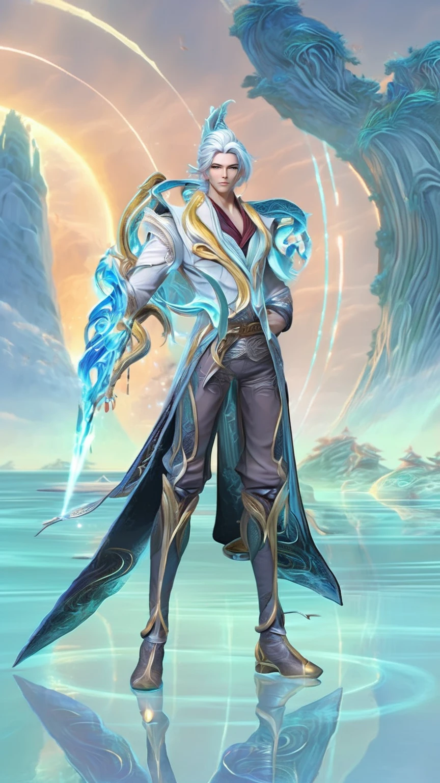 a man in a white outfit holding a sword in front of a body of water, inspired by Huang Shen, keqing from genshin impact, full portrait of elementalist, skinny male fantasy alchemist, heise jinyao, skinny male mage, zhongli from genshin impact, inspired in kris from deltarrune, ice lord, clothed in ethereal armor
