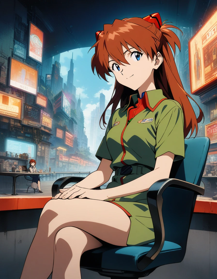 "1girl, Asuka Langley Soryu, Neon Genesis Evangelion, medium breast, red hair clips, stylish cafe,sitting on the chair,crossing legs,lovely smile,futuristic town, collared shirt dress, masterpiece, best quality, very aesthetic, official art,grand plix award illustration,absurdres, detailed face, cowboy shot, daytime, neo-tokyo-3 skyline"