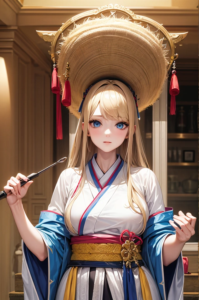 (masterpiece), High resolution hanfu woman, European and American face, Perfect Face, Long blonde hair, blue eyes, So adorable.