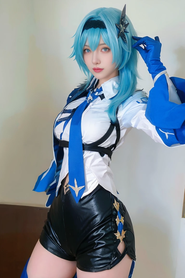  Realistic, realistic image quality of a beautiful girl with blue hair and blue eyes wearing a cosplay costume of the character Eula in the game Genshin Impact , outfit with blue and white shirt and black shorts 