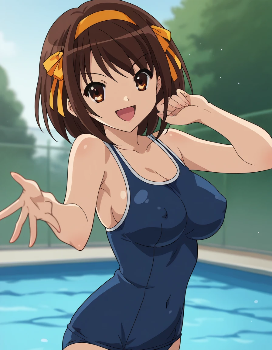 haruhi suzumiya, short hair, brown hair, brown eyes, hairband, medium hair, ribbon, hair ribbon, old school swimsuit, dutch angle, cowboy shot, smile, open mouth, looking at viewer, large breasts, erect nipples, school pool, blurry background, bokeh, pose, photo shoot, score_9, score_8_up, score_7_up, source_anime