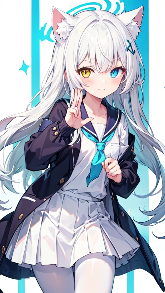 Sailor Suit，White pantyhose，White hair，Long hair，Cat ear，Heterochromia（Left blue right yellow），Smile，female face，There are bright spots in the eyes，Female hands，White little hands，Normal fingers，flat chest，White skirt