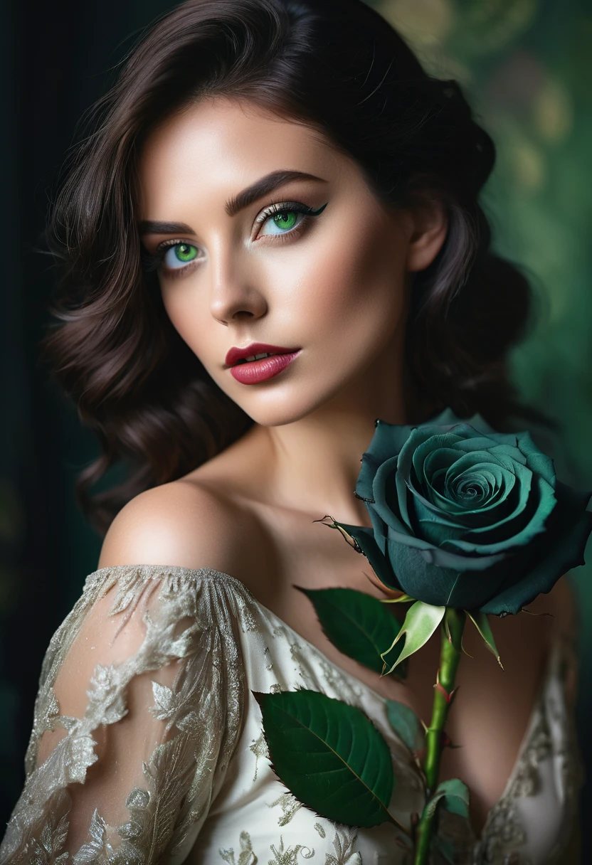 a woman with green eyes, flawless skin, half body shot, holding a black rose, whimsical photography style, captured with an Arriflex 35BL camera using Canon K25 prime lenses, cinematic, dramatic lighting, ultra clear, breathtaking surreal masterpiece.
