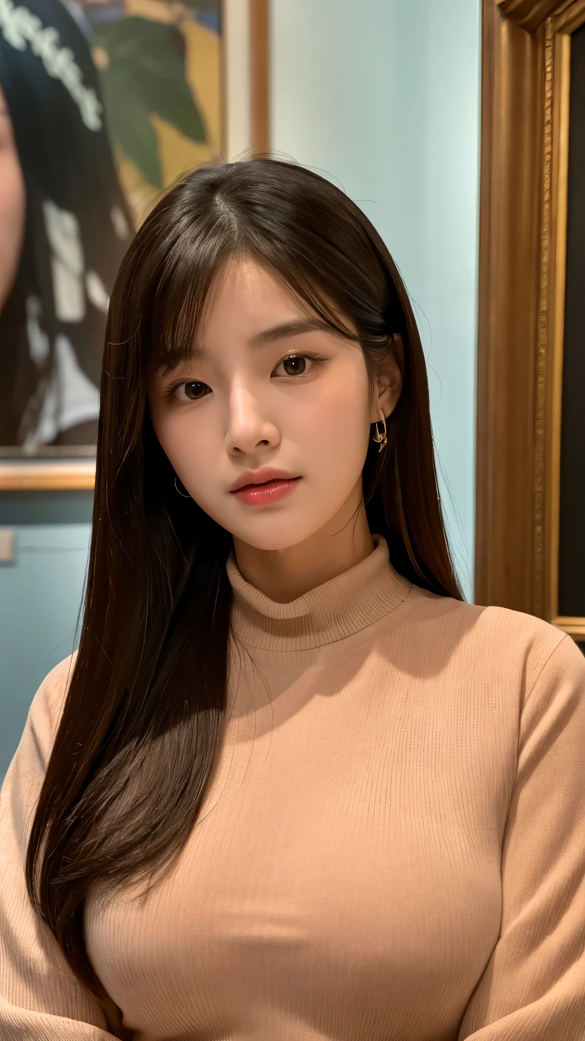 Extreme close-up of beautiful korean female, 34 inch breasts size, wearing long sleeve shirt , at the museum, UHD
