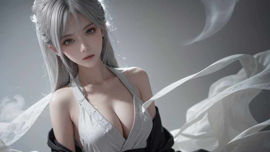 super high quality, masterpiece, Perfect illustration, Very detailed (Exquisite light and shadow, Very dramatic photo,Backlight) , ((Gray Hair:1.5))1 Girl,(( alone:1.6)), (Wearing Han clothes, Black and white Hanfu,Monotony,Long sleeve) (White smoke:1.3) (Realistic:1.4), Official Art, unity 8k wallpaper, Very detailed, Beautiful and beautiful, masterpiece, Highest quality, (Dynamic Angle: 1.4), Glowing Skin, (Floating colorful flashes: 1) The most beautiful chaotic shapes, elegant, Brutalist Design, Bright colors, Romantic Depth of Field Exotic_dance, half_naked、Expose your shoulders、Ample breasts、Great cleavage、
