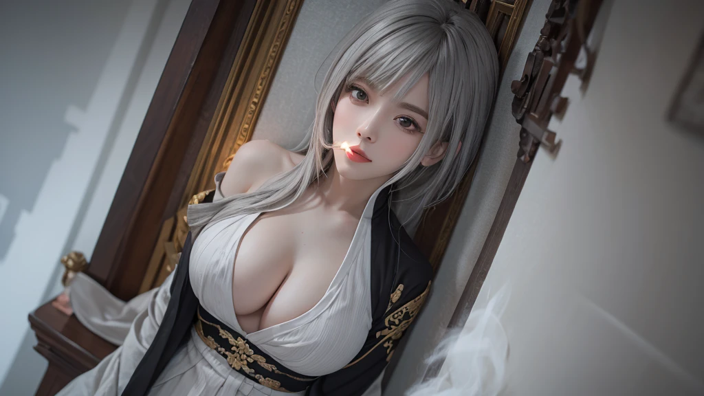 super high quality, masterpiece, Perfect illustration, Very detailed (Exquisite light and shadow, Very dramatic photo,Backlight) , ((Gray Hair:1.5))1 Girl,(( alone:1.6)), (Wearing Han clothes, Black and white Hanfu,Monotony,Long sleeve) (White smoke:1.3) (Realistic:1.4), Official Art, unity 8k wallpaper, Very detailed, Beautiful and beautiful, masterpiece, Highest quality, (Dynamic Angle: 1.4), Glowing Skin, (Floating colorful flashes: 1) The most beautiful chaotic shapes, elegant, Brutalist Design, Bright colors, Romantic Depth of Field Exotic_dance, half_naked、Expose your shoulders、Ample breasts、Great cleavage、
