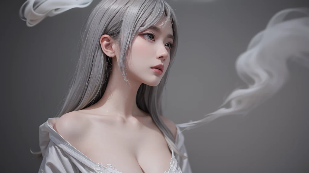 super high quality, masterpiece, Perfect illustration, Very detailed (Exquisite light and shadow, Very dramatic photo,Backlight) , ((Gray Hair:1.5))1 Girl,(( alone:1.6)), (Wearing Han clothes, Black and white Hanfu,Monotony,Long sleeve) (White smoke:1.3) (Realistic:1.4), Official Art, unity 8k wallpaper, Very detailed, Beautiful and beautiful, masterpiece, Highest quality, (Dynamic Angle: 1.4), Glowing Skin, (Floating colorful flashes: 1) The most beautiful chaotic shapes, elegant, Brutalist Design, Bright colors, Romantic Depth of Field Exotic_dance, half_naked、Expose your shoulders、Ample breasts、Great cleavage、
