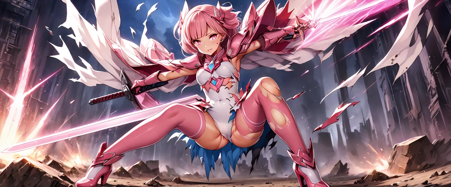 (Perfect Anatomy)、Mastepiece、Ultra High Quality、 8K、masterpiece、Highest quality、Ultra-high resolution、Maximum resolution、Very detailed、Professional Lighting、anime、woman、thin、so beautiful、Highly detailed eye、Highly detailed face、Golden earrings、Pink Hair,、Pink eyes、Mid-chest, pink lips, upper arm pink armor, white leotard, pink pattern, full body, magical girl, Angel Girl, Are standing, pink thigh high stockings, white super long boots, pink gauntlet, high heels, hime cut, bridal hair accessory, (((Summoning a magic sword))), Opening legs outwards, glowing eyes, madeon, Biopunk, Creating wind with wings, (((Forming a magical shield))), Enveloped in a magical aura, Firing magical arrows, spread legs(((attack with sword))), (torn clothes:1.9), (dirt), blood return, (((abrasion)))