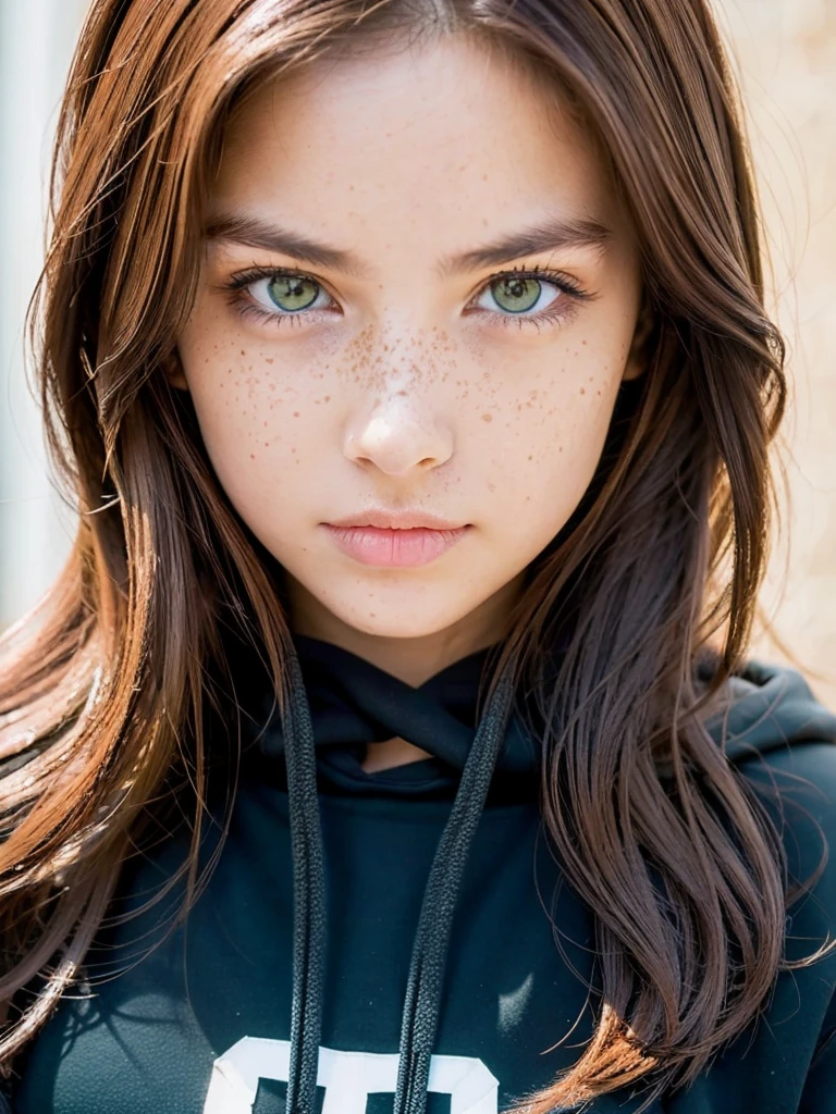 Girl with green eyes and brown hair has medium breasts has freckles and wearing a black hoodie, gloss