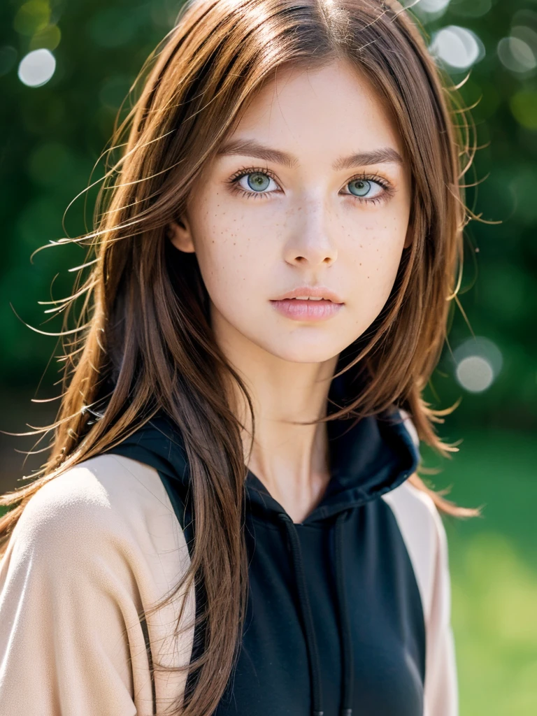 Girl with green eyes and brown hair has medium breasts has freckles and wearing a black hoodie, gloss