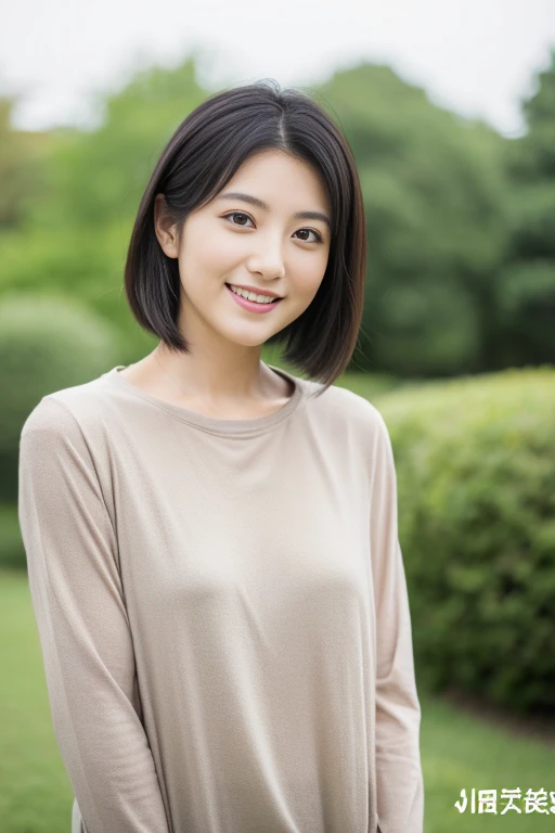 Portrait、8k、high quality、realistic photo images、24-years-old、japanese woman、neat wife、、housewife、Reproduces natural and realistic eyes、japanese stand、beautiful black hair、short hair、light makeup、octane rendering、beautiful lighting、composition of golden ratio、laughter、everyday wear、casual clothes、natural background、blurred background、High level image quality、Pure Japanese humanity、beautiful wife、Upper body、light makeup、No makeup、pure beauty、plain clothes、grey、beige、green、Plain color、casual clothes、slight smile、small black eyes、background bokeh