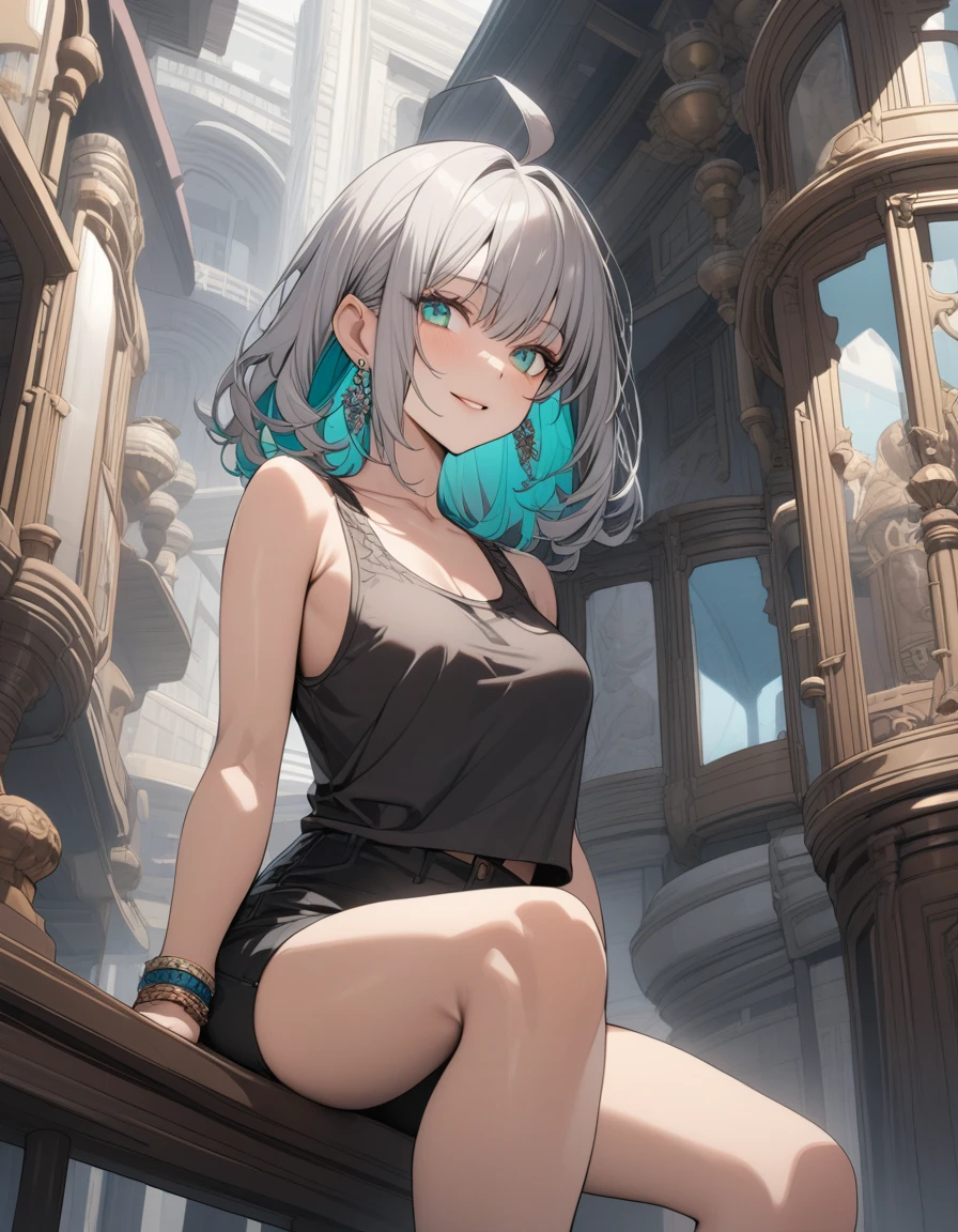 (Highest quality:1.2, three-dimensional, High Detail, masterpiece:1.2, Best aesthetics), (1 girl), Beautiful woman, Beautiful detailed eyes, Beautiful detailed lips, Highly detailed face, Delicate depiction of hair and eyes, Detailed Fashion, (detailed background:1.2) ((Portraiture, Cowboy Shot)), Aqua Eye, huge ahoge, Mouth open, Earrings, View your viewers, breasts, upper body, full body from knees to head, gaze away, gaze into the distance, smile lightly, fancy nails, in Sibuya city, bracelet, medium hair, color inner hair, gray hair, tight tank-top, short pants