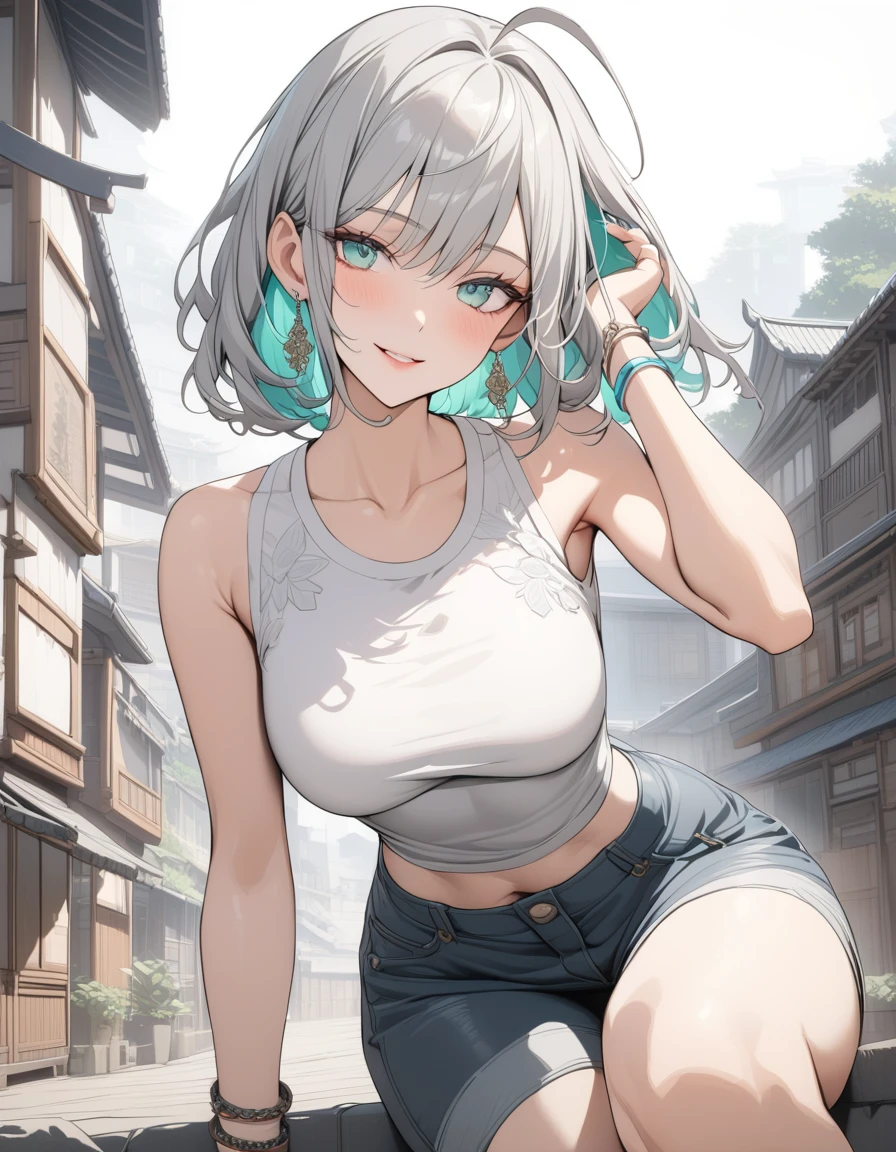 (Highest quality:1.2, three-dimensional, High Detail, masterpiece:1.2, Best aesthetics), (1 girl), Beautiful woman, Beautiful detailed eyes, Beautiful detailed lips, Highly detailed face, Delicate depiction of hair and eyes, Detailed Fashion, (detailed background:1.2) ((Portraiture, Cowboy Shot)), Aqua Eye, huge ahoge, Mouth open, Earrings, View your viewers, breasts, upper body, full body from knees to head, gaze away, gaze into the distance, smile lightly, fancy nails, in Sibuya city, bracelet, medium hair, color inner hair, gray hair, tight tank-top, short pants