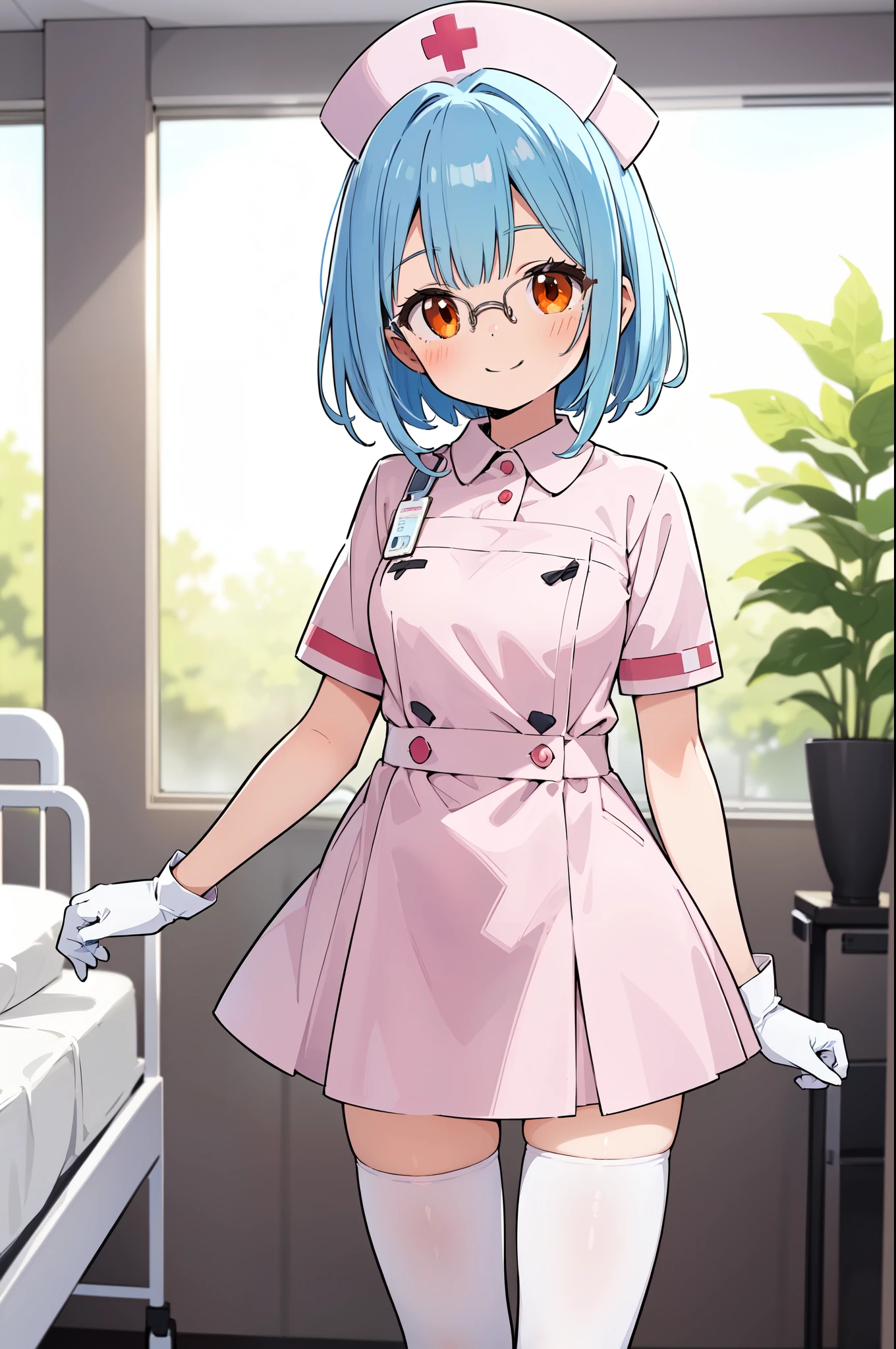 1girl, solo, nurse, nurse cap, white nurse uniform, ((white legwear, zettai ryouiki)), white gloves, glasses, blue hair, orange eyes, smile, standing, ((hospital room)), sharp outline, short sleeves, best quality, masterpiece