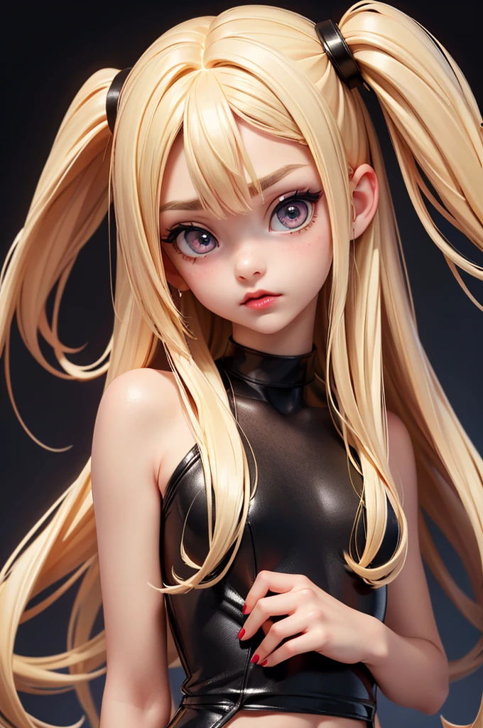 hyperrealistic 14 year old american teen, blonde, little, perfect tiny body, sexy, dark makeup, small choker, perfect slim face, big red lips, very cute face, tiny body, big eyes, young looking, childish looking, perfect belly, black tight dress