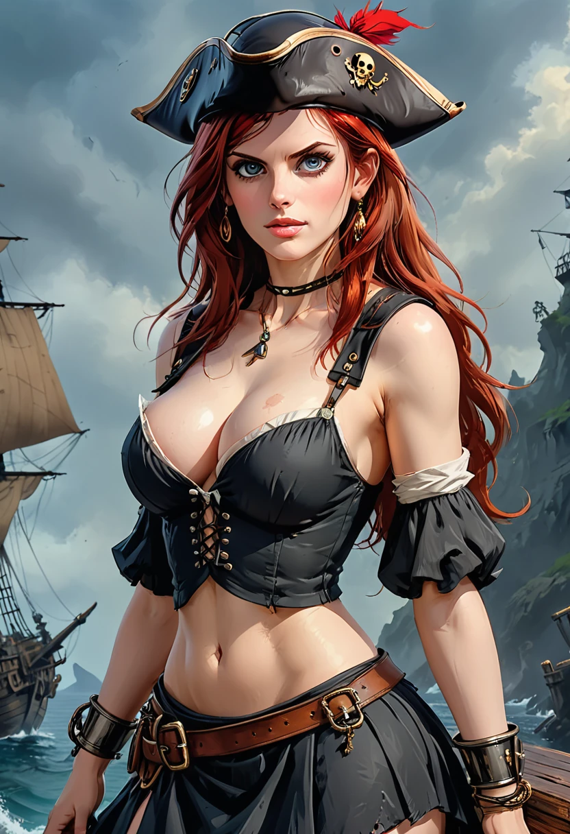 A beautiful sexy woman with long, shiny red hair, a tender face, a warm, friendly look, a fit figure, big breasts, naked, nipple, puff arms, skirt straps, Leader im Fantasy-Style, Sleeveless, bares her waist, a bracelet adorns her wrist, leans back erotically, This character embodies a finely crafted fantasy pirate, exquisiter (Alexandra Daddario:1.2), High Resolution, best quality, highres, Ultra-detail, Finest painting, extremely sensitive, Specialist, anatomically correct, symmetrical face, extremely detailed eyes and face, High quality eyes, creativity, RAW-Foto, uhd, 32k, natural light, cinematic lighting, masterpiece-anatomy-perfect, masterpiece:1.5. hige ass from behind. white background, full body. tricorn hat