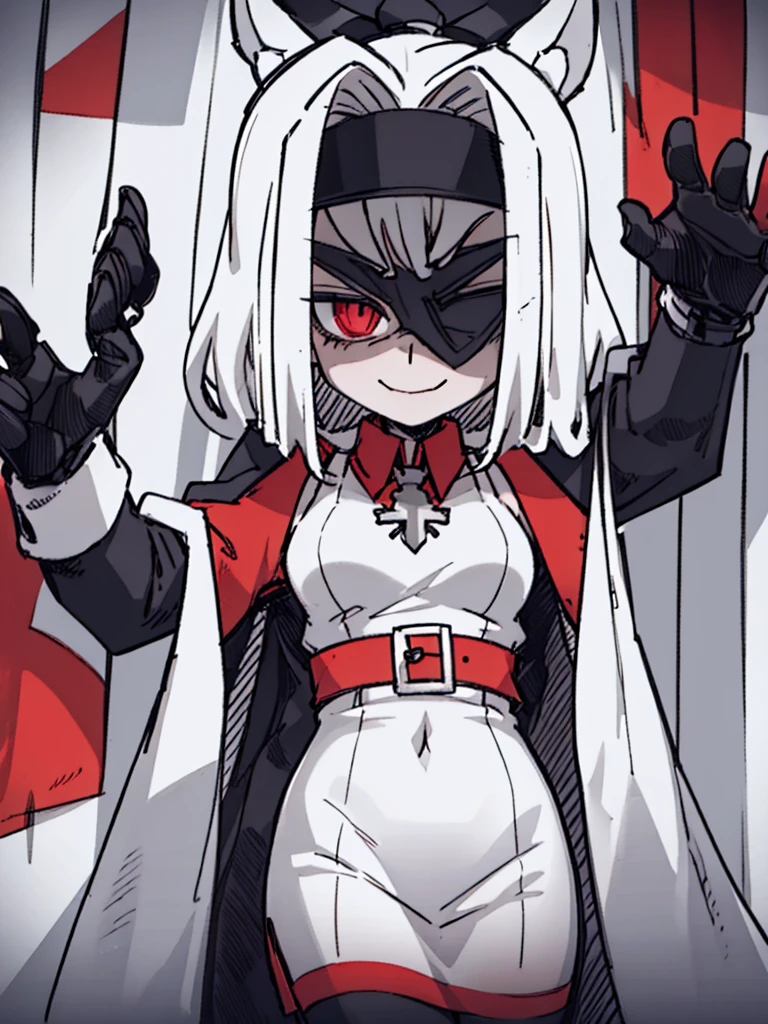 Score_9, score_8_up, score_7_up, score_6_up,  gyaru, source_anime, 1girl, solo, macabre and sinister woman, long hair that covers the eyes, sinister and macabre smile, Eyes red, short white dress.