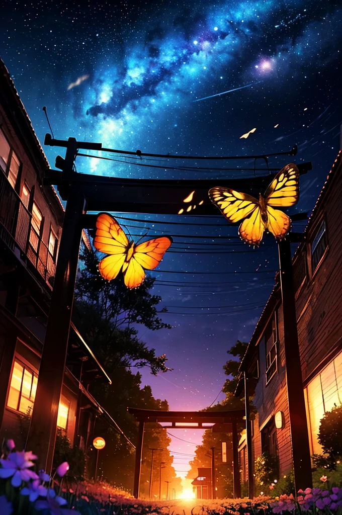 （Thousand Torii Gates）, （cherry blossoms）,coat,Put your hands in your pockets,(student, 18-year-old,beauty, Her short silver hair sways, Space-colored eyes, Pale skin, Tired face、Lack of eye sparkle\), (Many bright blue butterflies flying in the sky), (Shine in the sky), Beautiful starry sky, The scenery is beautiful, Colorful flowers are blooming everywhere, I see the wind blowing and shining,From below, break ,Highest quality\(8K,非常に精細なCGユニットのwallpaper, masterpiece,High resolution,Highest quality,Highest quality real texture skin,Surreal,Increase the resolution,RAW Photos,Highest quality,Very detailed,wallpaper,Cinema Lighting,Ray Tracing,Golden Ratio\),Have a long-term perspective,Anatomically correct.