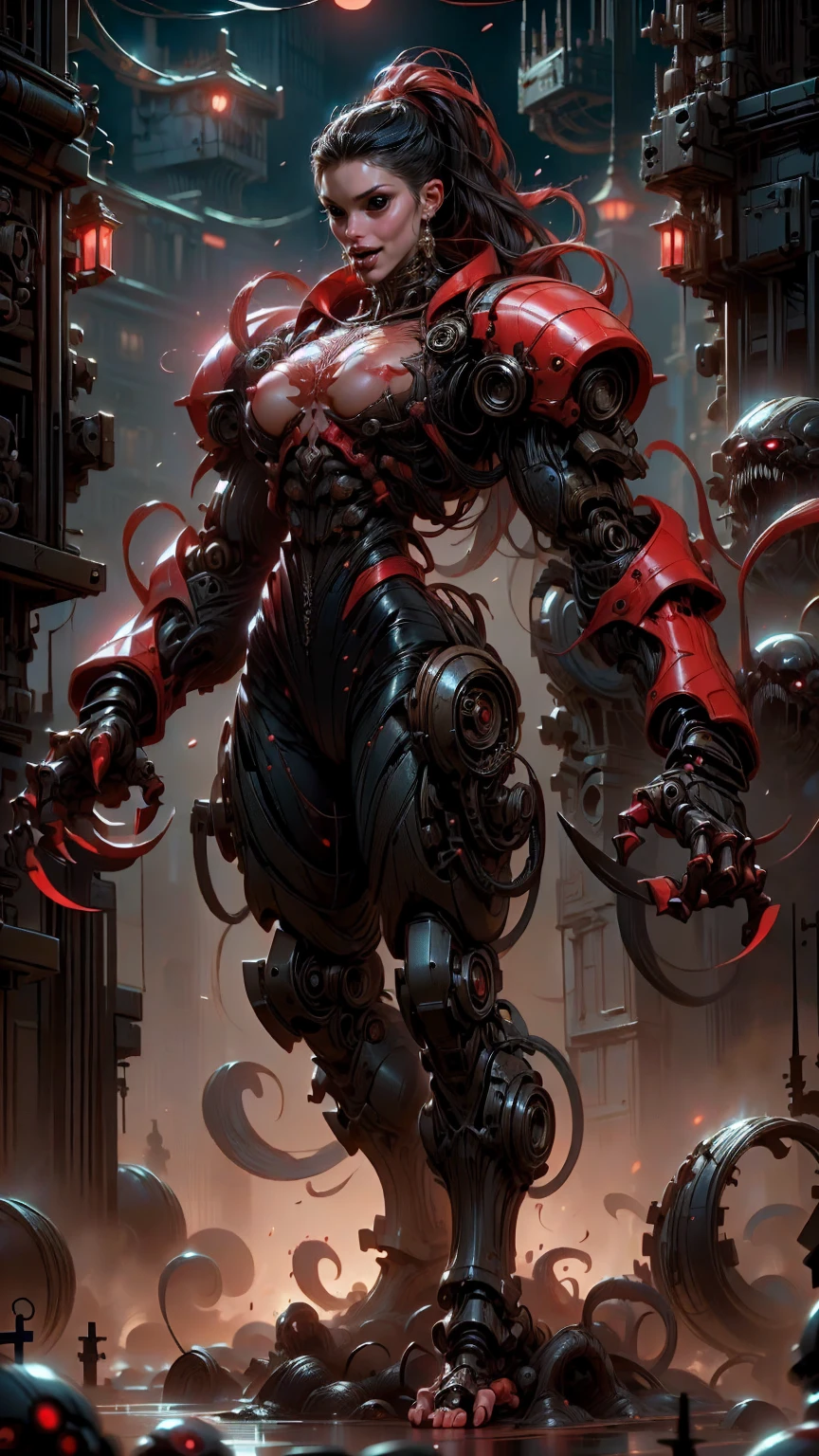 (beautiful girl face:1.25), megan fox as a beautiful vampiric girl with a muscular red carnage body, (red carnage anatomic muscular bio-mecha muscle suit:1.25), (body totally covered in muscles, veins, tendons), (perfect muscular anatomy), (wide shoulders and upper body:1.25), (slim waist:1.25), (long hair:1.25), (perfect hands:1.25), (full body view:1.25)