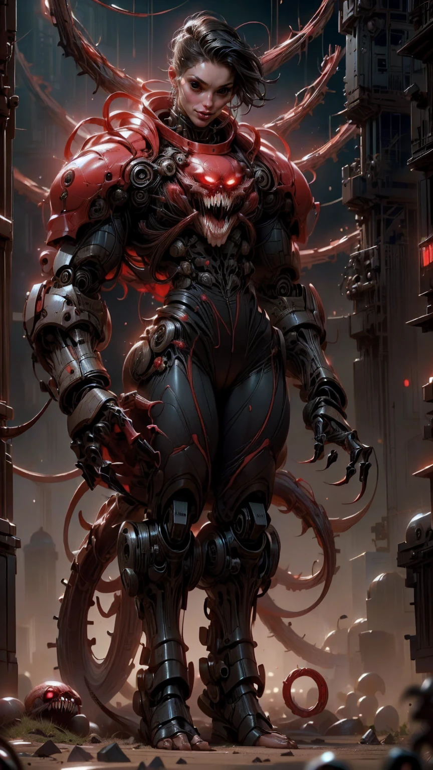 (beautiful girl face:1.25), megan fox as a beautiful vampiric girl with a muscular red carnage body, (red carnage anatomic muscular bio-mecha muscle suit:1.25), (body totally covered in muscles, veins, tendons), (perfect muscular anatomy), (wide shoulders and upper body:1.25), (slim waist:1.25), (long hair:1.25), (perfect hands:1.25), (full body view:1.25)