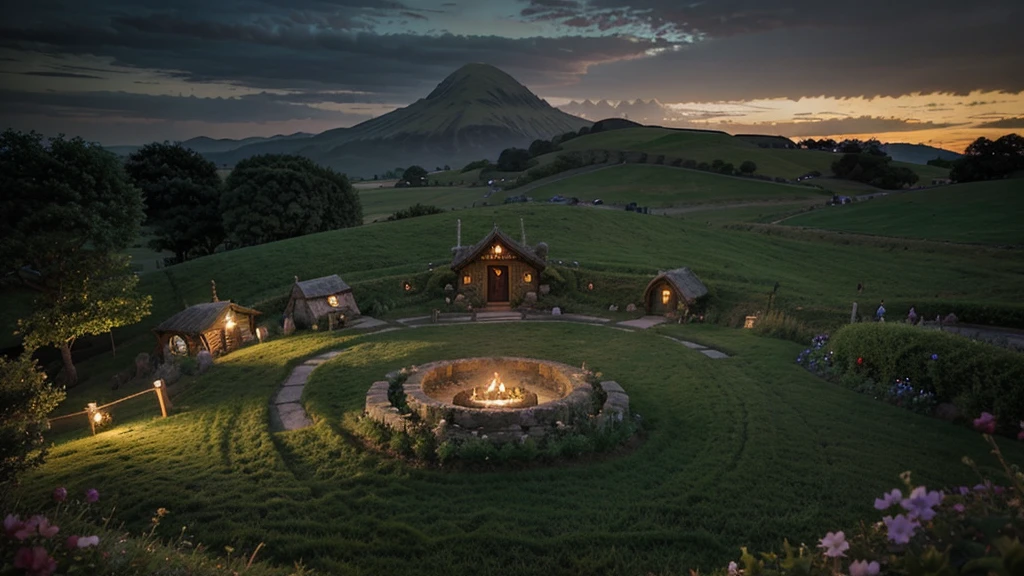 Hobbiton, Middle Earth, beautiful serene Hobbiton, Middle Earth, Middle Earth, the county, Middle Earth landscape, hobbit hole, county, hobbits, Hobbiton at night, Lord of the Rings style, the county castle, hobbit, inspired the lord of the rings