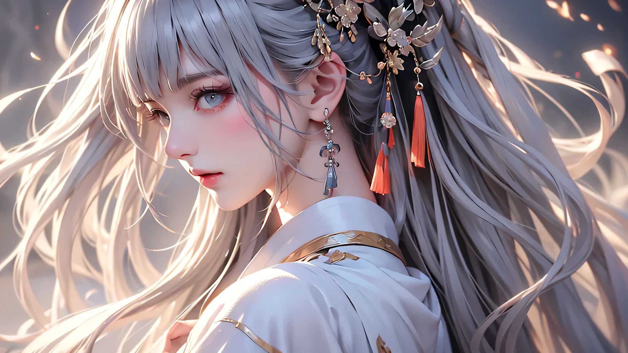 super high quality, masterpiece, Perfect illustration, Very detailed (Exquisite light and shadow, Very dramatic photo,Backlight) , ((Gray Hair:1.5))1 Girl,(( alone:1.6)), (Wearing Han clothes, Black and white Hanfu,Monotony,Long sleeve) (White smoke:1.3) (Realistic:1.4), Official Art, unity 8k wallpaper, Very detailed, Beautiful and beautiful, masterpiece, Highest quality, (Dynamic Angle: 1.4), Glowing Skin, (Floating colorful flashes: 1) The most beautiful chaotic shapes, elegant, Brutalist Design, Bright colors, Romantic Depth of Field Exotic_dance, half_naked、Expose your shoulders、Ample breasts、Great cleavage、