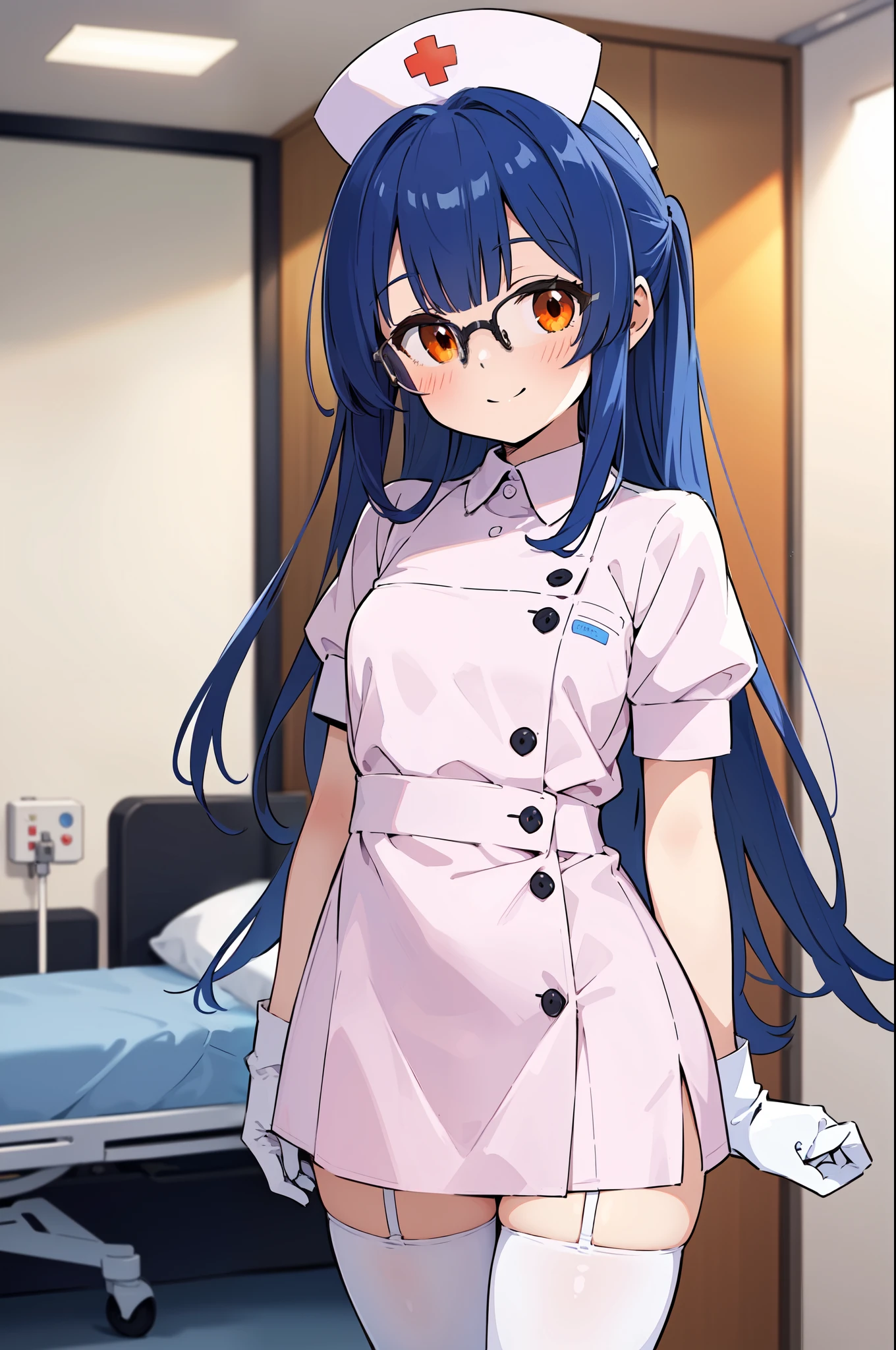 1girl, solo, nurse, nurse cap, white nurse uniform, ((white legwear, zettai ryouiki)), white gloves, glasses, blue hair, orange eyes, smile, standing, ((hospital room)), sharp outline, short sleeves, best quality, masterpiece
