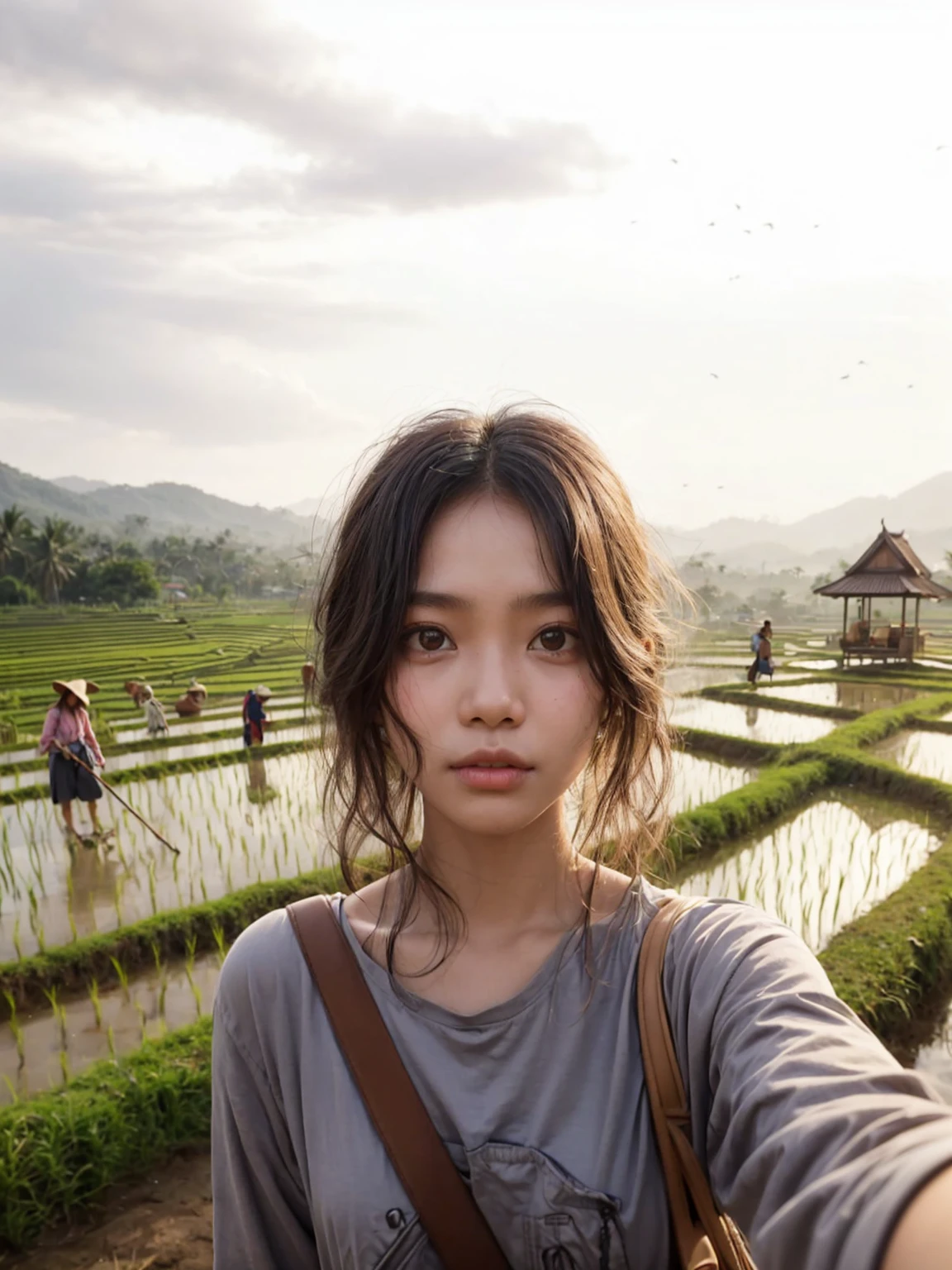 Realistic selfie photo of a 18-year-old Indonesian girl with messy hair, wearing a long-sleeve shirt, carrying a shoulder bag. The background features a rural rice field with people plowing, a gazebo for resting, scarecrows, and village at distance. The sky is clear, it's a bright morning in Indonesia. UHD. Masterpiece.