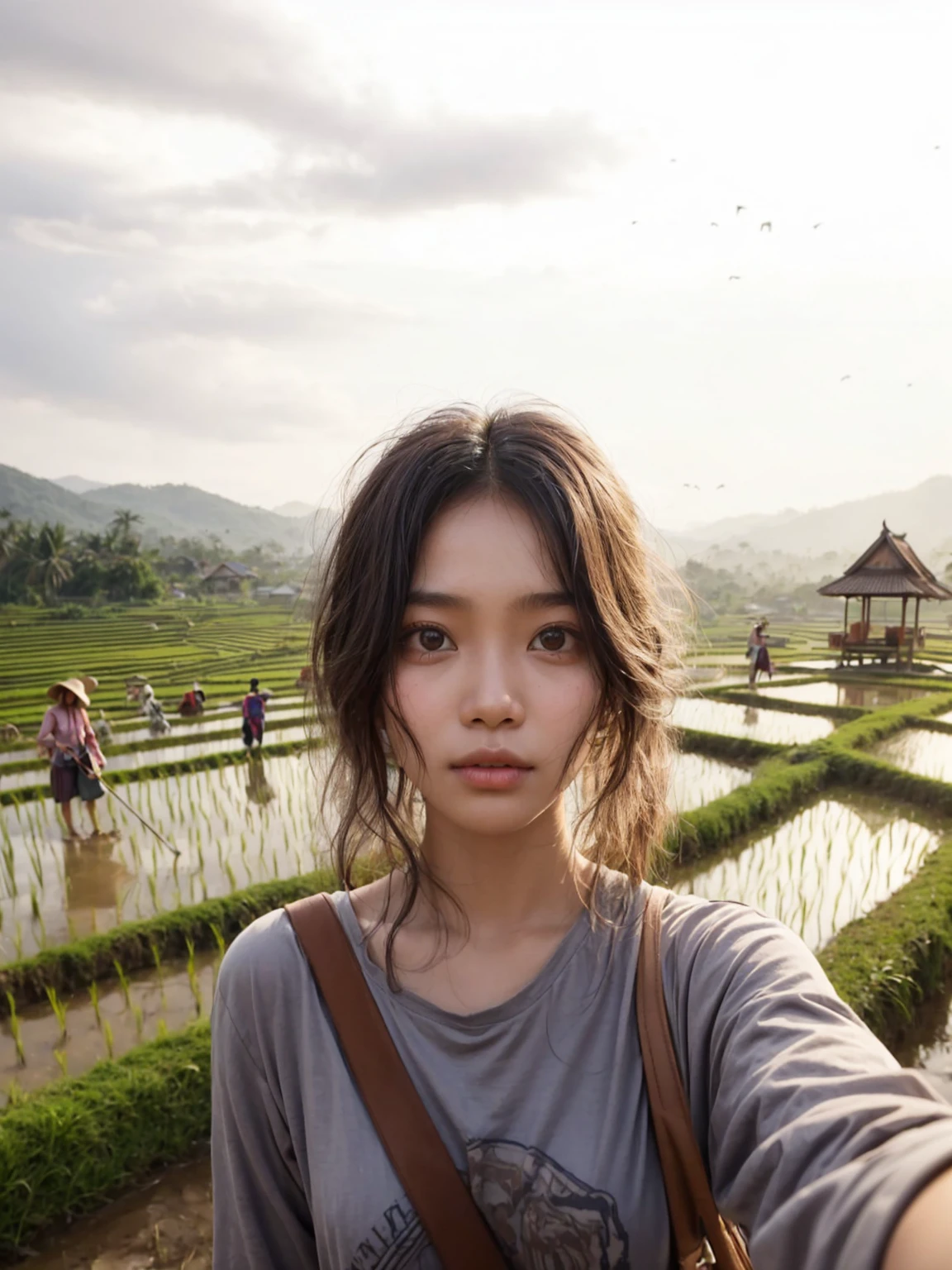 Realistic selfie photo of a 18-year-old Indonesian girl with messy hair, wearing a long-sleeve shirt, carrying a shoulder bag. The background features a rural rice field with people plowing, a gazebo for resting, scarecrows, and village at distance. The sky is clear, it's a bright morning in Indonesia. UHD. Masterpiece.