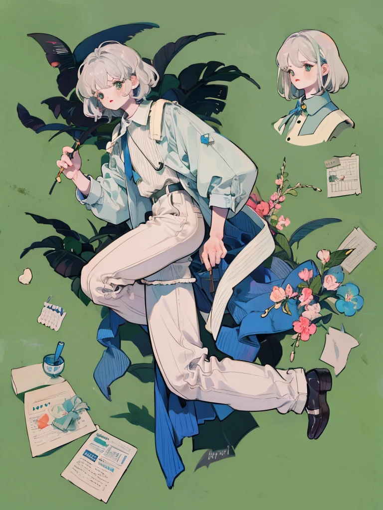 (masterpiece, best quality),full-body picture, 1 male , short hair , silver hair, green eyes, simple background image, white shirt ,