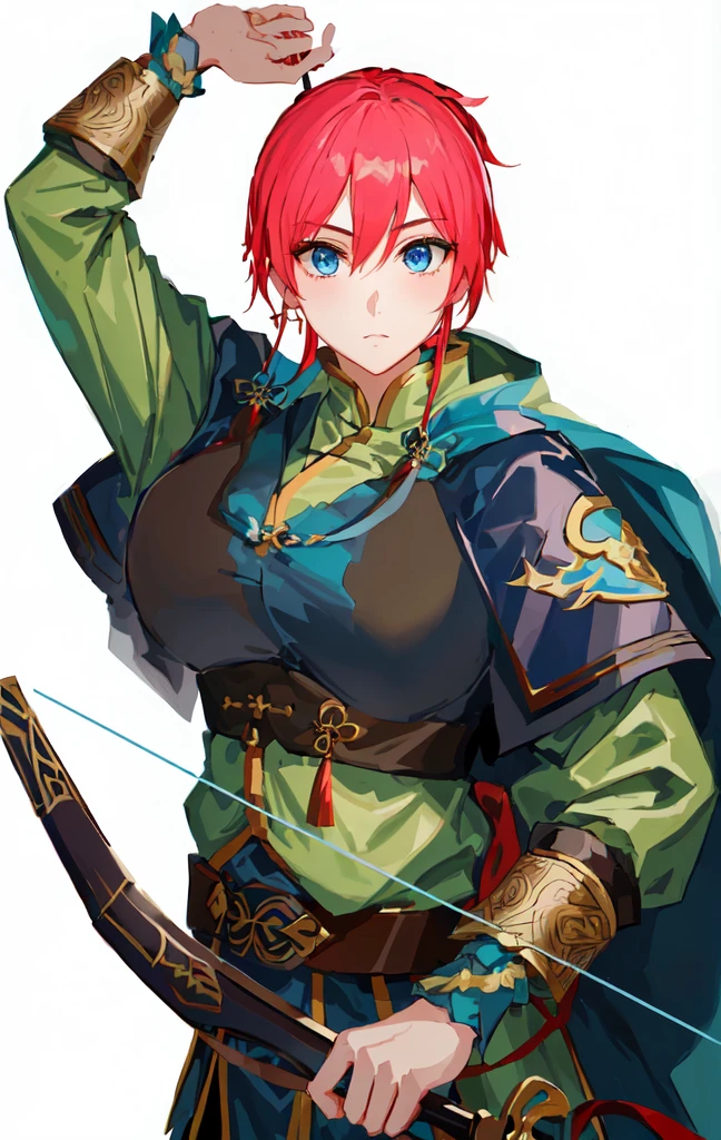 Holding a bow and arrow、Close-up of woman in cloak, Nobutaka Ike, Things, beautiful androgynous p还ce, Actress 👀 :8, Produced in collaboration with Anime Painter Studio, , Zerochan art, Demon Slayer Rui Fan Art, Keqing from genshin impact, Sharp RPG portraits, Huge Breasts,Female General,Red hair,Blue Eyes,Handsome girl,Royal sister,Three Kingdoms,Dynasty Warriors,Big ,Good shape