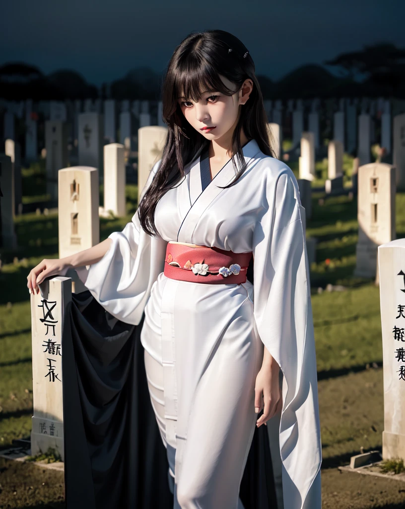 (Highest quality, 32k, High resolution, Masterpiece:1.5), marimo_jet, World of Darkness, A terrifying photograph, Horror, Evoking eerie silence and elusive beauty, Expressing emotions, Have a rich imagination, Beautiful Japanese Girls, ((whole body:1.6)), An exceptionally beautiful face, Small Face Beauty, , Perfect Human Anatomy, Magical big eyes, Fleeting Expression, Black Hair, Neat, super long, straight silk hair, Asymmetrical bangs, Hair between the eyes, Unhealthy pale skin, Sharp eyebrows, Thin lashes, ((White kimono:1.43)), Slim figure with ample breasts, ((Japanese Cemetery:1.5)), ((Midnight Darkness:1.5)), Professional photographer, Professional models