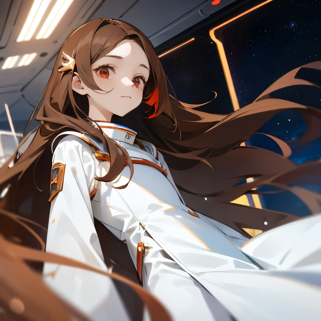long brown hair, red eye, white skin, white clothes, inside the space train, starry space, extremely beautiful, masterpiece