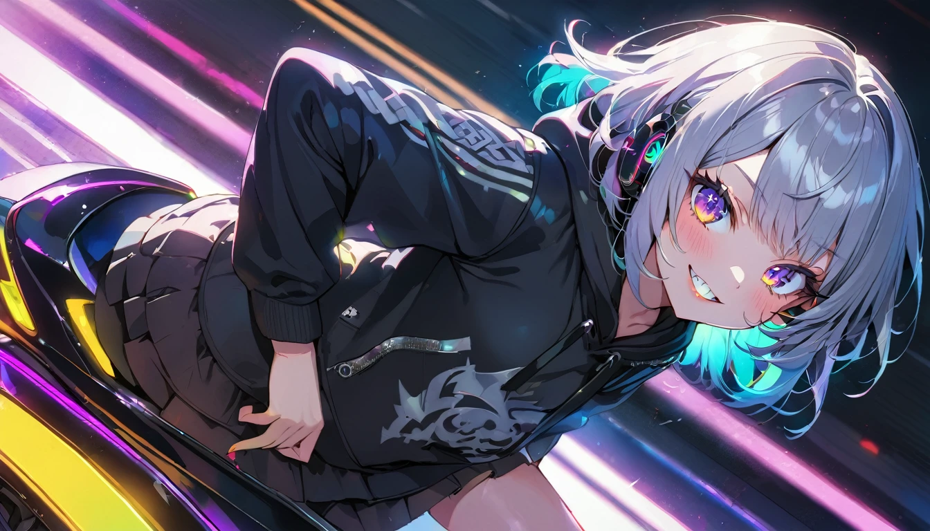 ((Masterpiece)), ((best quality)), (Anime:1.3), (super detail:1.2), (High Definition:1.3), (Professional Photography:1.3), cute young Girl, Glossy unruly hair, (loose swept bangs), (silver ash hair), medium hair, big eyes, (Eye bags:1.3), (Long eyelashes), colorful eyes, (evil smile and blush), Glossy lips, (jagged teeth), farewell, ((black hoodie with oversized)), mini skirt, barearms, cute, (colorful:1.3), gothic makeup, (wearing headphone), (run on the Highway on a futuristic motorcycle:1.3), (neon-lit:0.7), pretty, Celtic, maniac, (dutch angle:1.3), (from above),