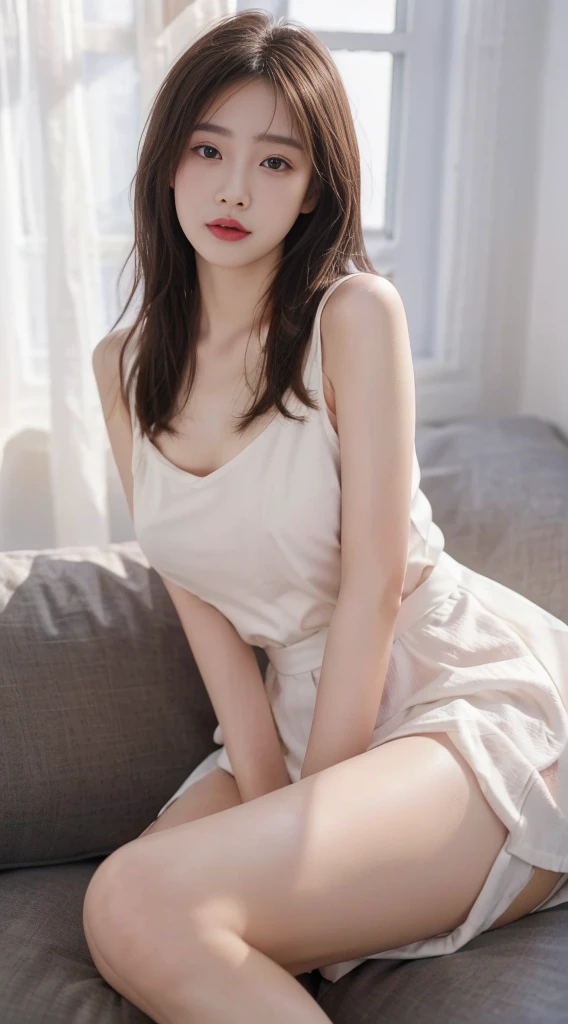 Masterpiece, Ultra-realistic quality, (1 girl), (Young woman), Chinese girl, (Mature face), face clean, Realistic face, (Perfect face), Delicate face, Fair skin, sitting in the couch, Long legs, (curly), Short hair, Brown hair, with hands resting on knees, Sling, No bra, (average breasts) ,( exposed), No panties, (( Minola)),(has cleavage), Mini dress, (White skirt) HD quality, Realistic picture quality, Real Human, Long legs, Ultra HD rendering, Accurate, Textured skin, High detail, High quality, Very detailed, high resolution, 8K, Photo, Photography, ridiculous
