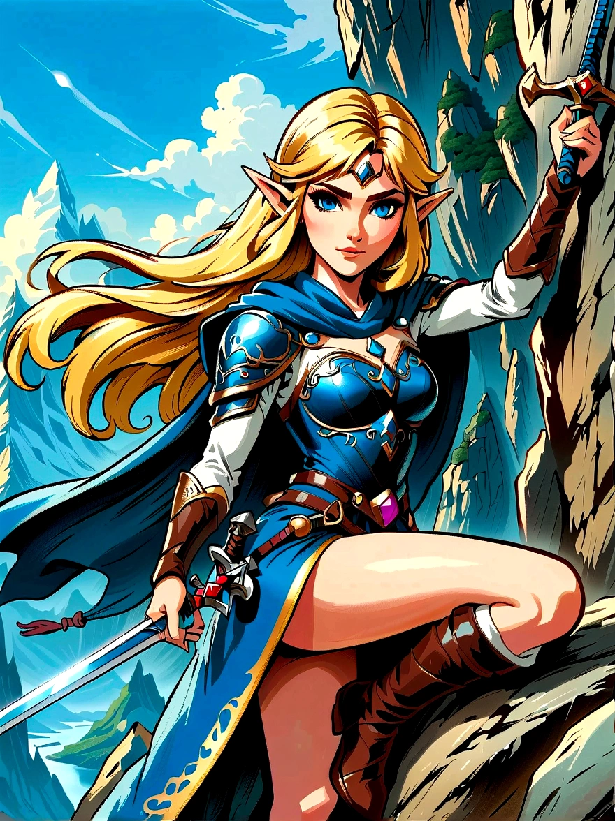 (best quality，8K，Ultra-high resolution，masterpiece)，very good，illustration，Princess Zelda，blonde，Blue Eyes，Holding a long sword，Mountaineering，rock