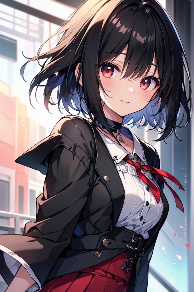 (masterpiece, highest quality, highest quality, (No text), Beautiful and aesthetic:1.2),No text,アニメ、BREAK,One Girl,Black Hair Girl short hair older sister choker Tree Eyes Beautiful eyes Red eyes cool smile Red and Black Black jacket mini skirt whole body In town