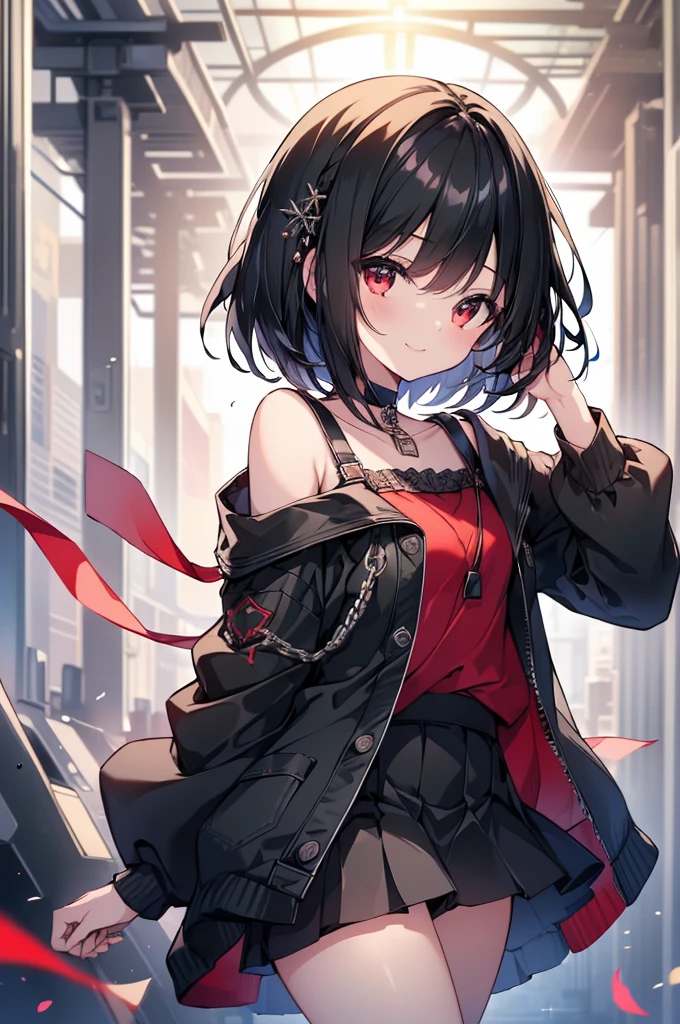 (masterpiece, highest quality, highest quality, (No text), Beautiful and aesthetic:1.2),No text,アニメ、BREAK,One Girl，Black Hair Girl　short hair　older sister　choker　Tree Eyes　Beautiful eyes　Red eyes　cool　smile　Red and Black　Black jacket　mini skirt　whole body　In town