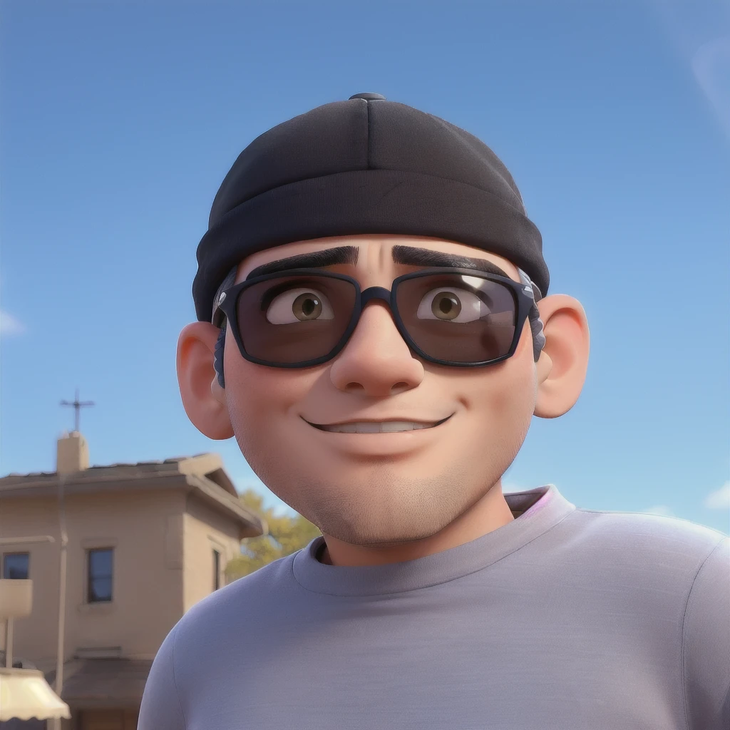 A man with a black cap and sunglasses, in the background a blue sky