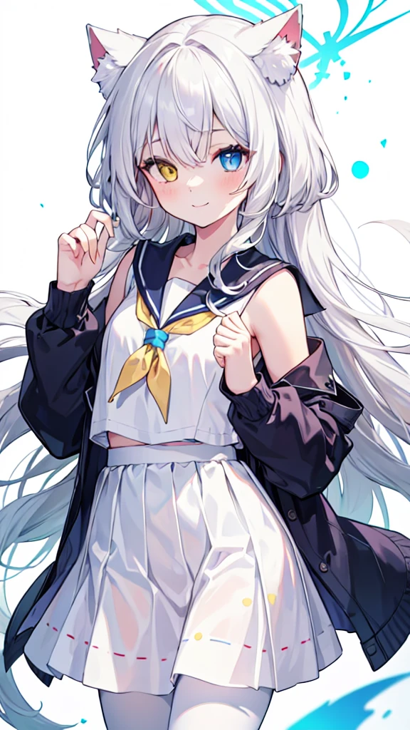 Sailor Suit，White pantyhose，White hair，Long hair，Cat ear，Heterochromia（Left blue right yellow），Smile，female face，There are bright spots in the eyes，Female hands，White little hands，Normal fingers，flat chest，White skirt