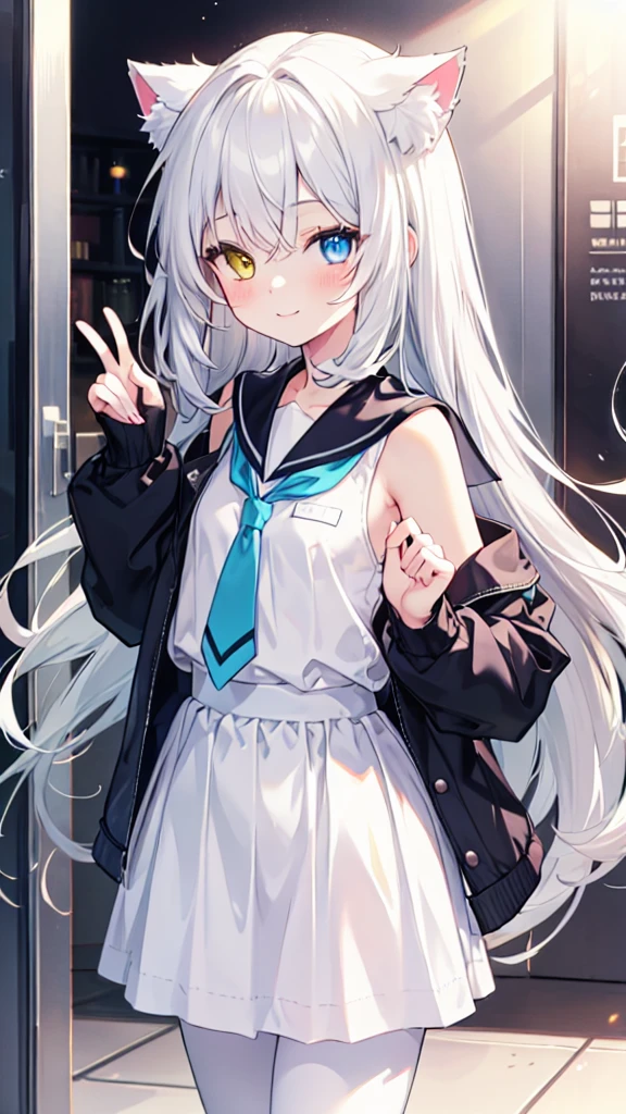 Sailor Suit，White pantyhose，White hair，Long hair，Cat ear，Heterochromia（Left blue right yellow），Smile，female face，There are bright spots in the eyes，Female hands，White little hands，Normal fingers，flat chest，White skirt