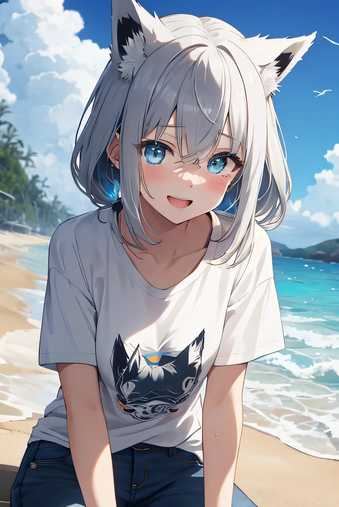 Gray Hair、Fox Earasterpiece、Anime Coloring、Ultra fine、、Open your mouth wide、Lower Angle、looking at the camera、smile、blush、Watery eye、Parted bangs、((beach))、blue sky、sunny、Small breasts、((DullＴshirt))、((Short jeanature