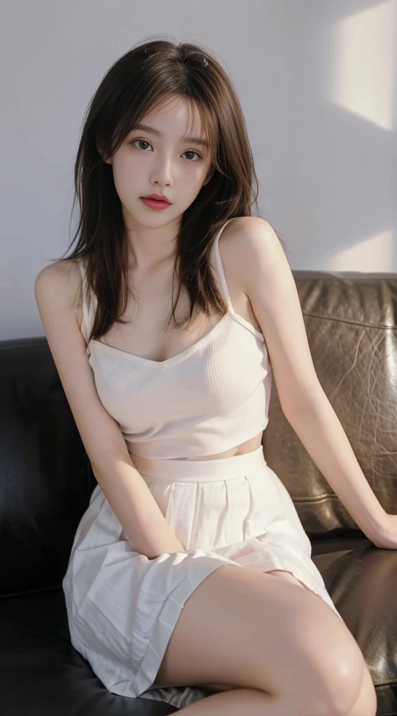 Masterpiece, Ultra-realistic quality, (1 girl), (Young woman), Chinese girl, (Mature face), face clean, Realistic face, (Perfect face), Delicate face, Fair skin, sitting in the couch, Long legs, (curly), Short hair, Brown hair, with hands resting on knees, Sling, No bra, (average breasts) ,( exposed), No panties, (( Minola)),(has cleavage), Mini dress, (White skirt) HD quality, Realistic picture quality, Real Human, Long legs, Ultra HD rendering, Accurate, Textured skin, High detail, High quality, Very detailed, high resolution, 8K, Photo, Photography, ridiculous