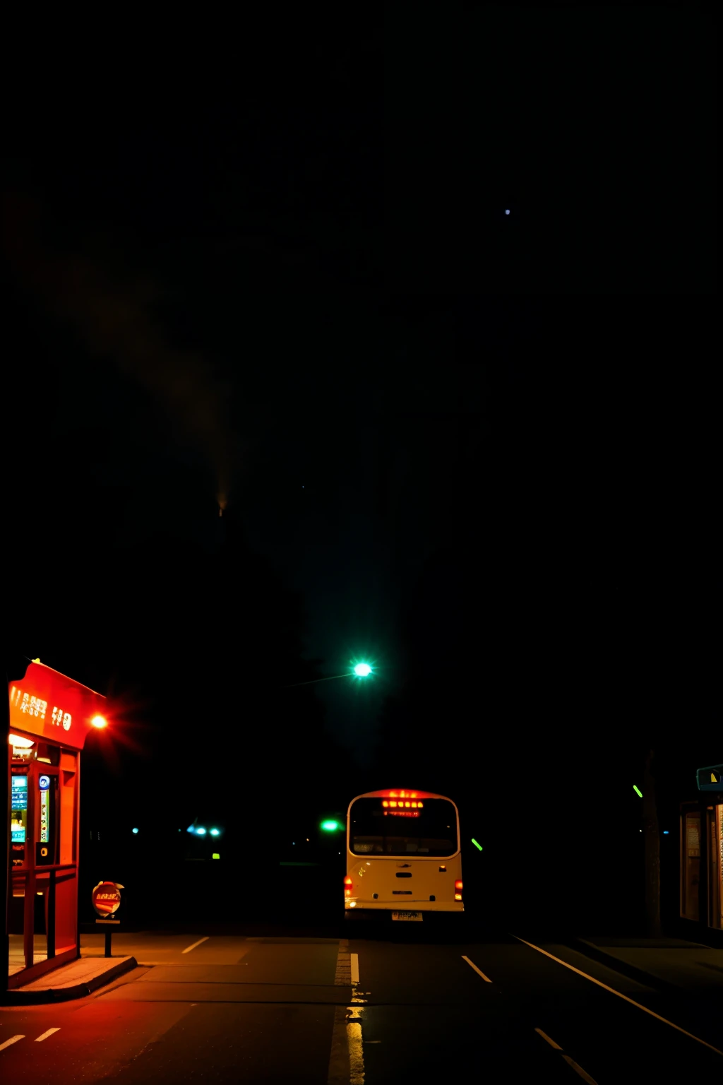 BUS SEEN FROM THE REAR WITH STOP LIGHTS ON, IN A NIGHT ENVIRONMENT WITH SMOKE AND LOW AMBIENT LIGHTING