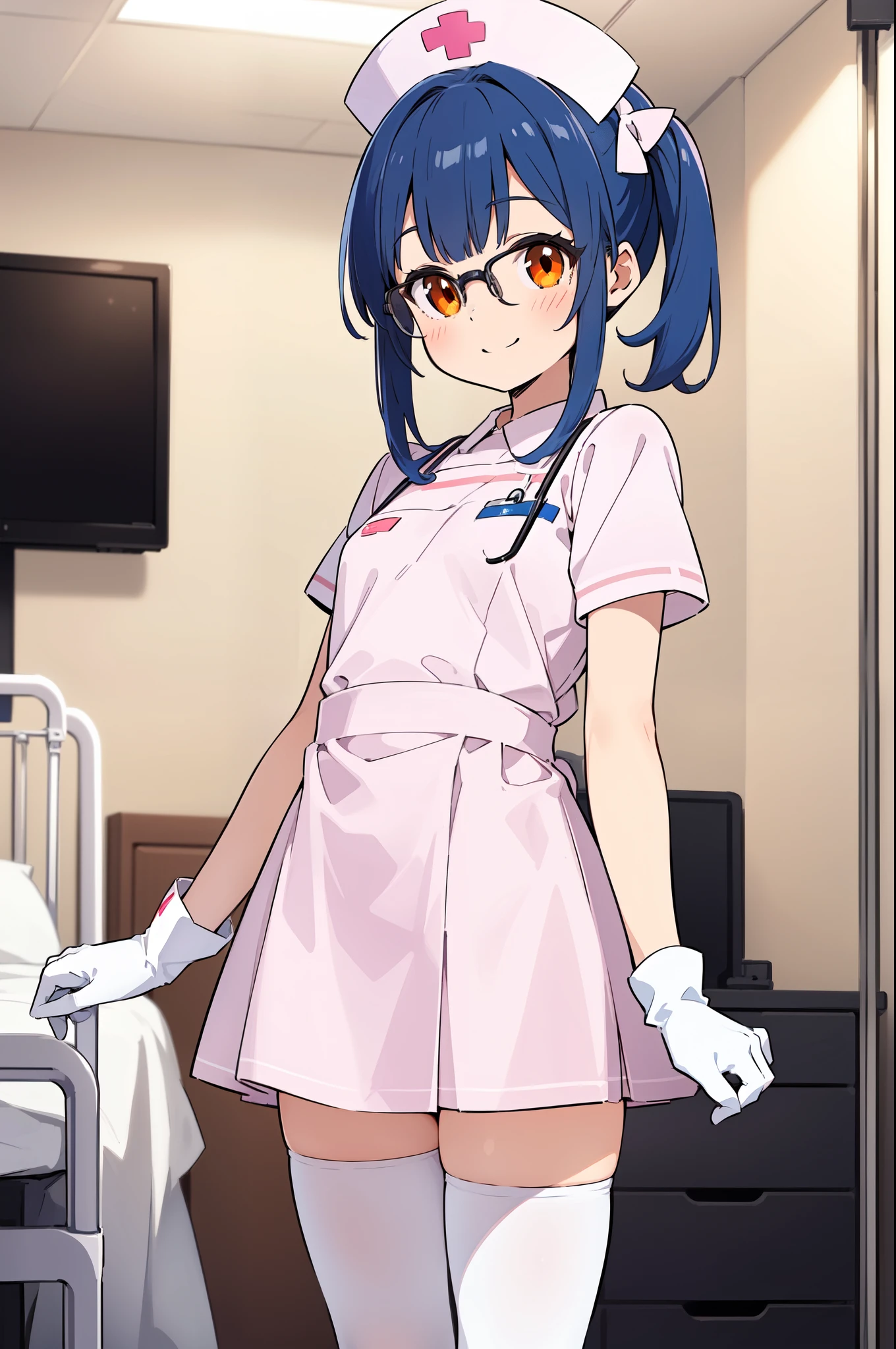 1girl, solo, nurse, nurse cap, white nurse uniform, ((white legwear, zettai ryouiki)), white gloves, glasses, blue hair, orange eyes, smile, standing, ((hospital room)), sharp outline, short sleeves, best quality, masterpiece